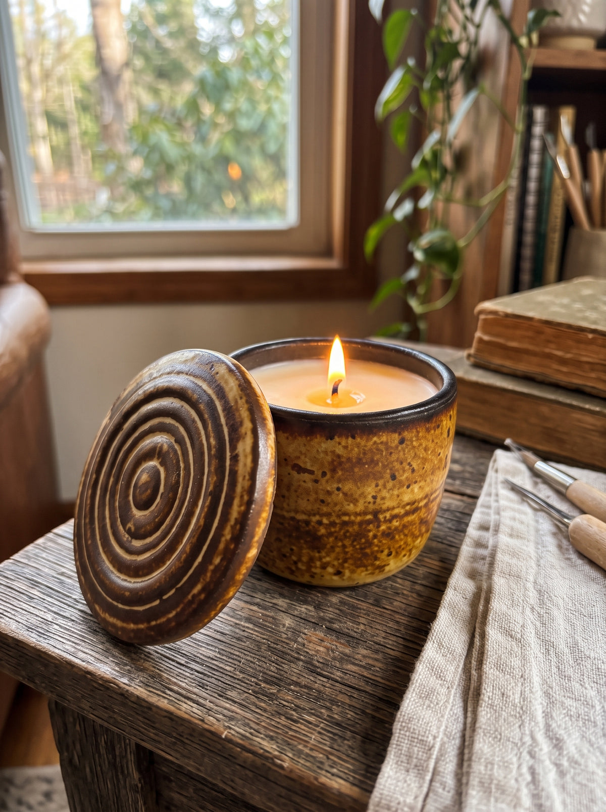 Speckled Brown Lidded Pot with Concentric Circles, 1 Wick, 5.2oz Soy Wax, Orange Cranberry, Pottery Vessel Candle