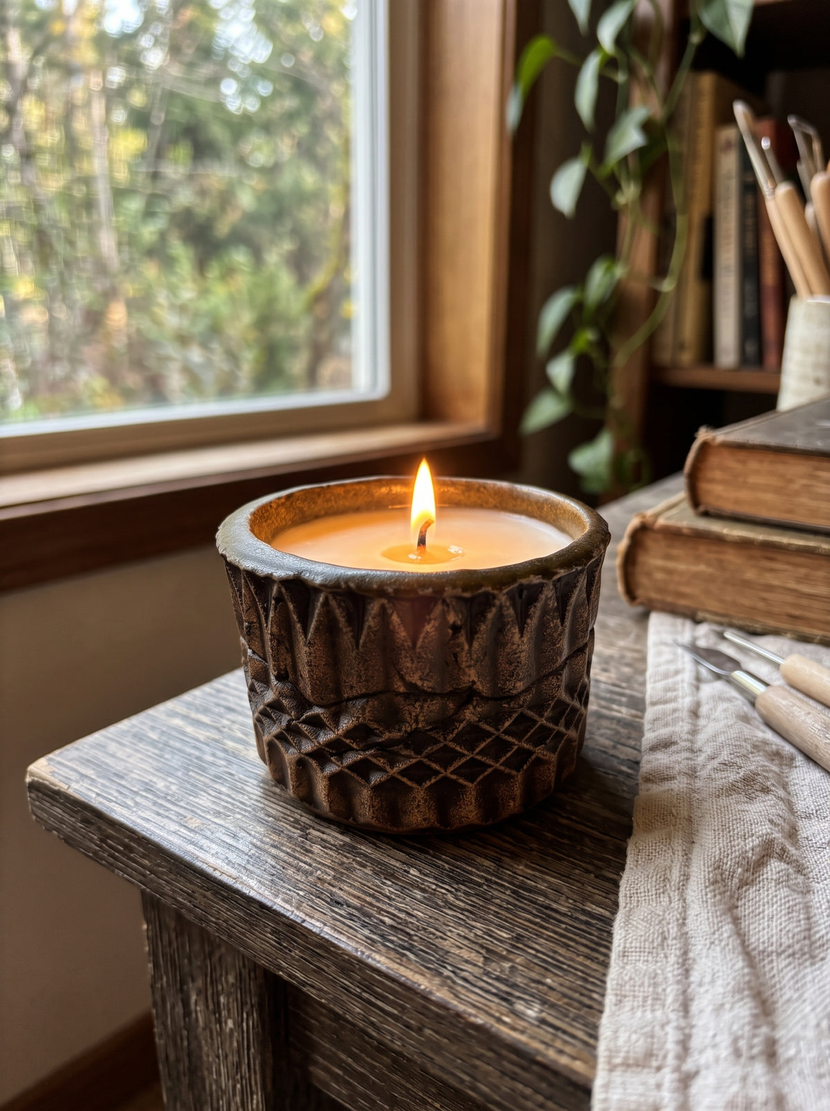 Carved Bronze Geometric Pot, 1 Wick, 6oz Soy Wax, Orange Cranberry, Pottery Vessel Candle