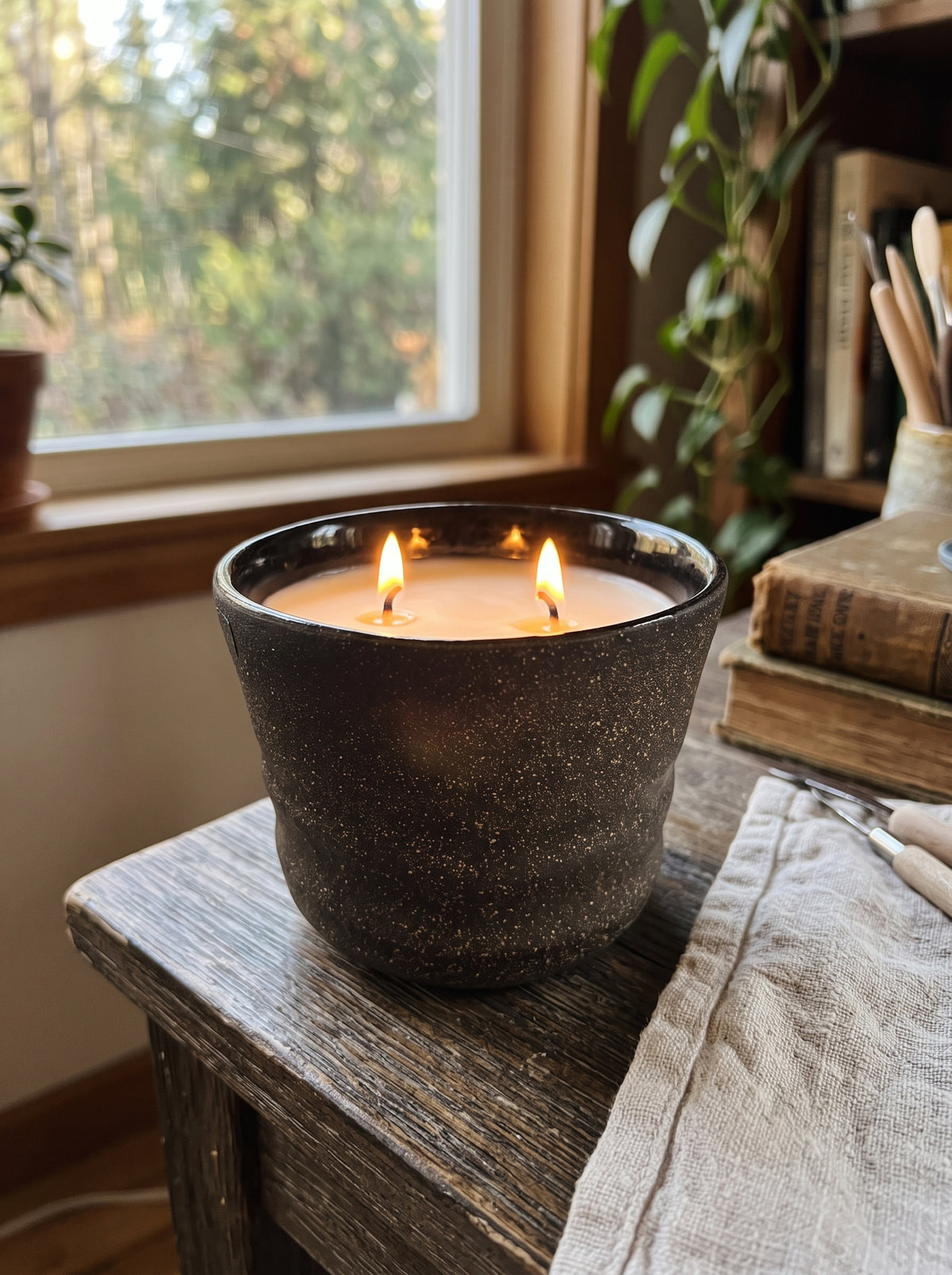 Textured Charcoal and Gold Speckled Pot, 2 Wick, 12oz Soy Wax, Sweet Spring, Pottery Vessel Candle