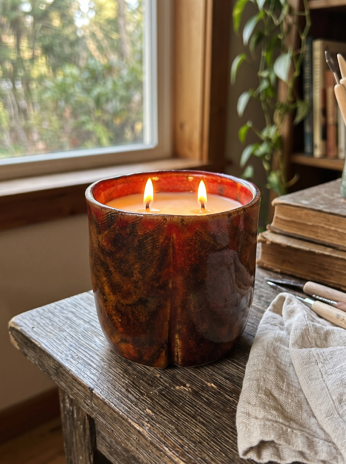 Textured Crimson and Amber-Orange Pot, 2 Wick, 14oz Soy Wax, Orange Sunrise, Pottery Vessel Candle