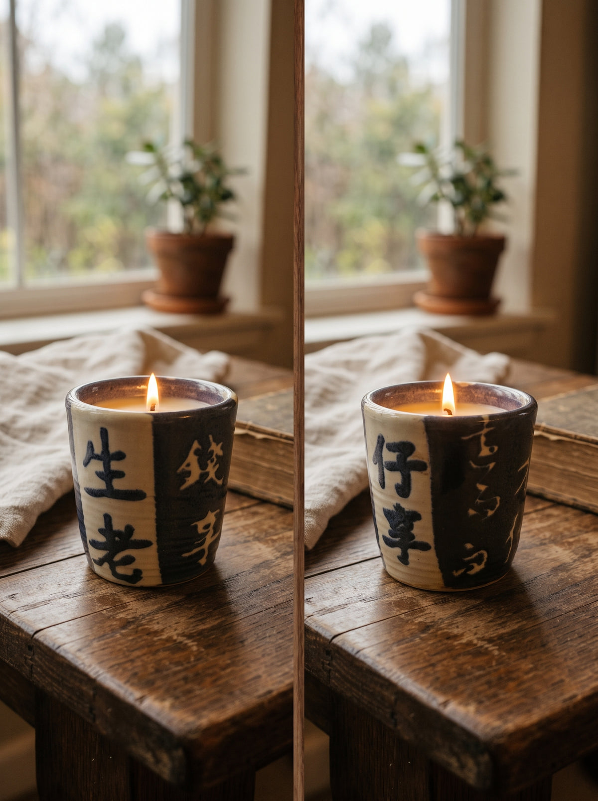Two-Sided Split Blue and White Oriental Character Cup, 1 Wick, 4oz Soy Wax, Havana Nights, Pottery Vessel Candle