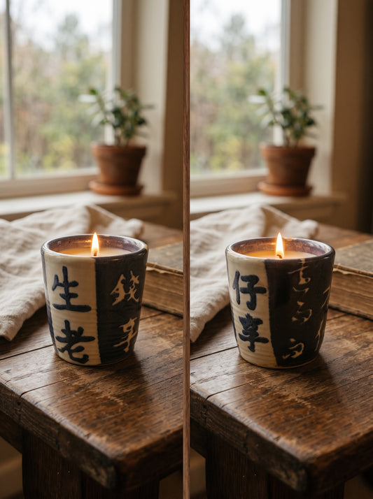 Two-Sided Split Blue and White Oriental Character Cup, 1 Wick, 4oz Soy Wax, Havana Nights, Pottery Vessel Candle