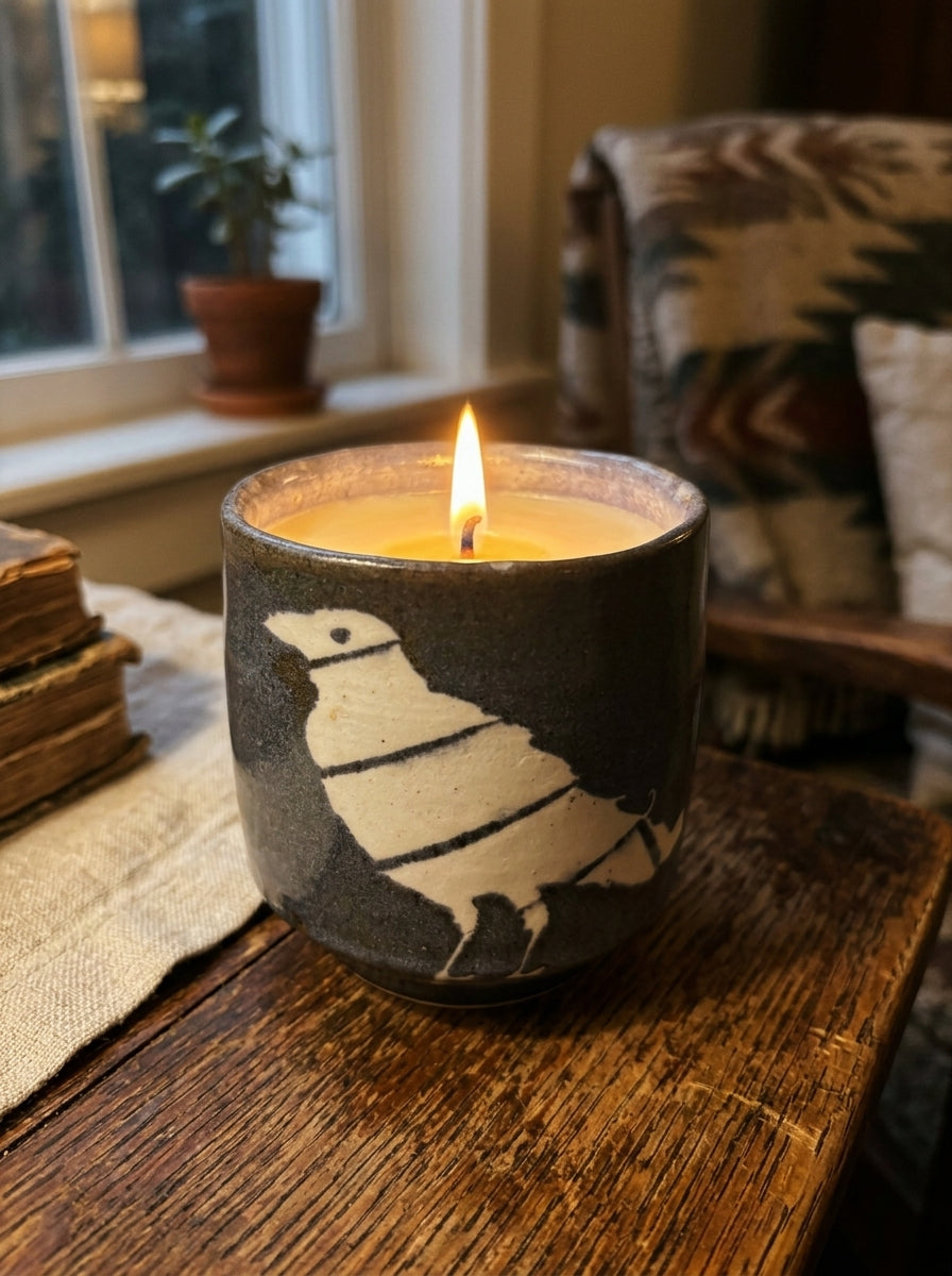 Dark Grey Pot with White Crow Design, 1 Wick, 9oz Soy Wax, Havana Nights, Pottery Vessel Candle