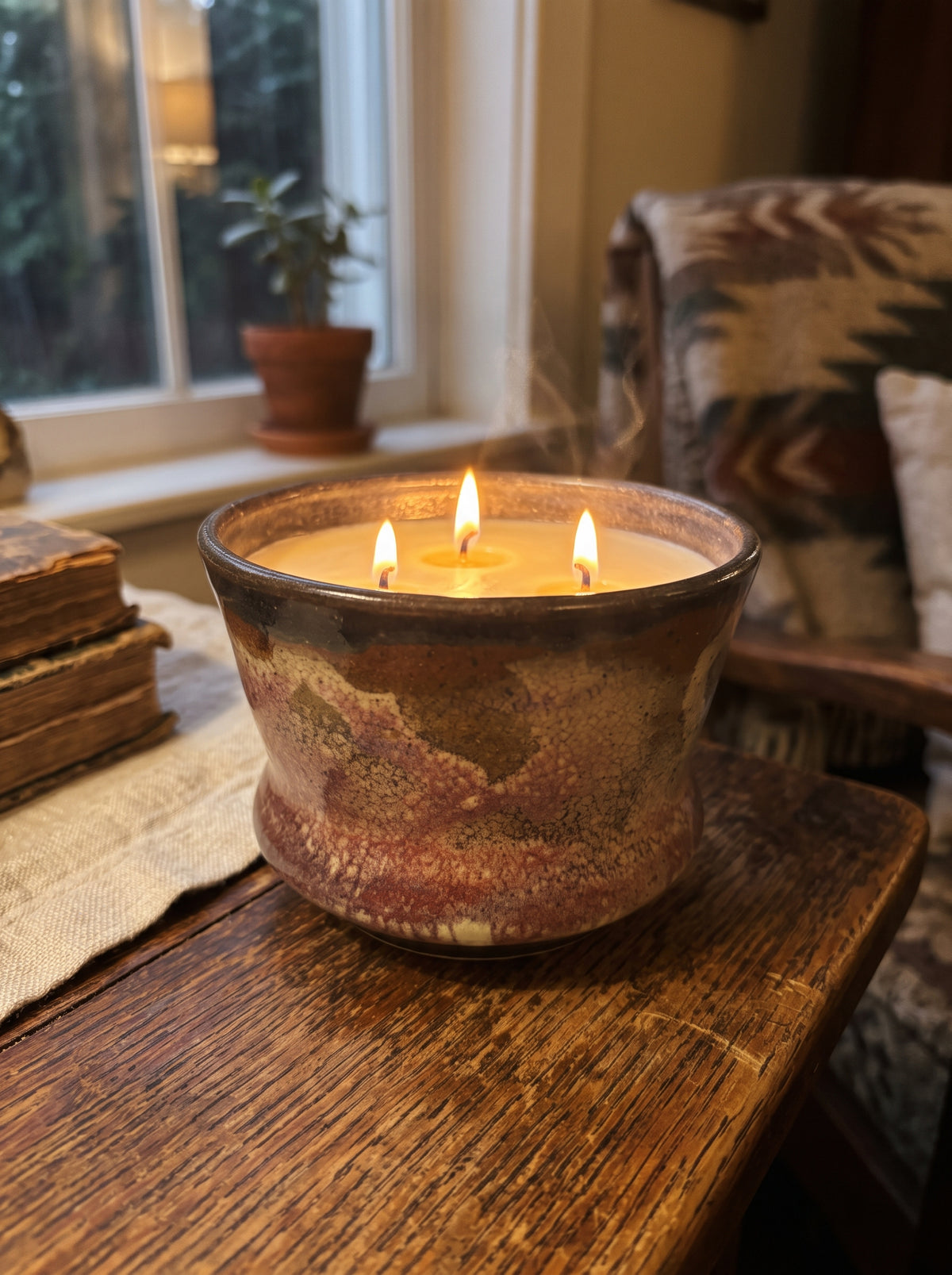 Flared Burgundy and Gold Speckled Pot, 3 Wick, 20oz Soy Wax, Orange Sunrise, Pottery Vessel Candle
