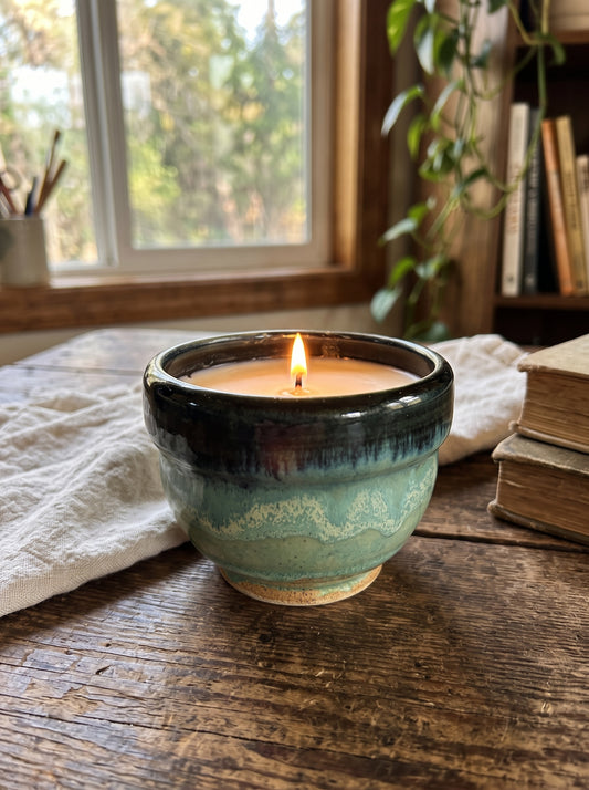 Multi-Toned Green Glazed Bowl Pot, 1 Wick, 8oz Soy Wax, Sweet Spring, Pottery Vessel Candle