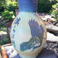 Wheel-Thrown Pottery Art Piece- Glazed and Fired Vase, Asian Inspired Design w/ Crane, Plants and Asian Symbols, Blue and Ivory, Interpretation: "We are all under the same sky" Dimensions:  11.75h" x 7.5w"