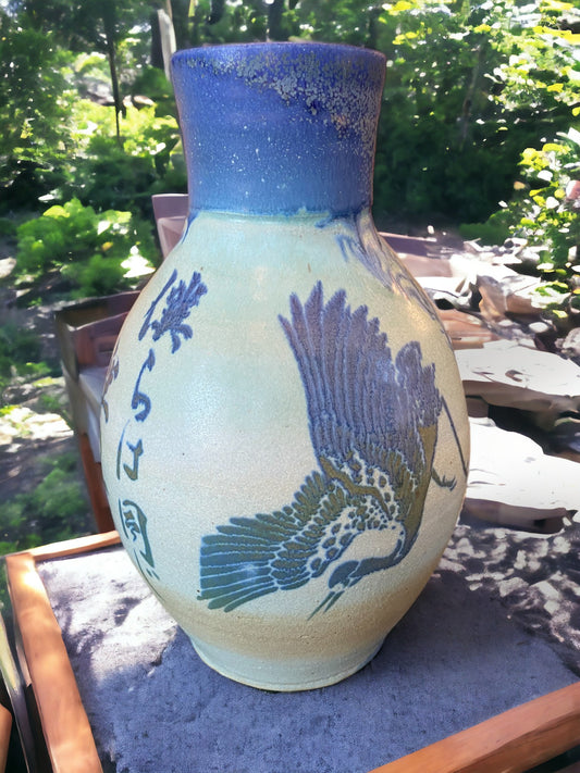 Wheel-Thrown Pottery Art Piece- Glazed and Fired Vase, Asian Inspired Design w/ Crane, Plants and Asian Symbols, Blue and Ivory, Interpretation: "We are all under the same sky" Dimensions:  11.75h" x 7.5w"