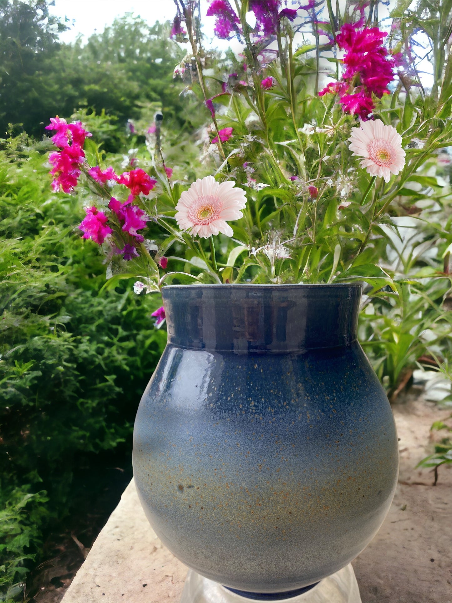 Wheel-Thrown Pottery Art Piece- Multiple Shades of Blue, with Light and Dark Copper Streaks and Speckles, Dimensions:  11.5h"x9.5w"