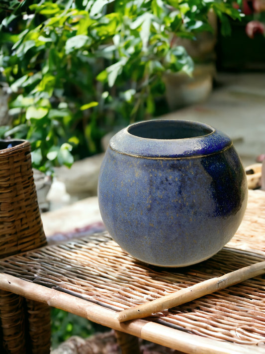 Wheel-Thrown Pottery Art Piece- Channel Cut Orb, Multiple Shades of Blue, with Copper Color and Speckles, Dimensions:  6h"x 6w"