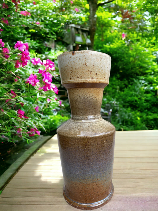 Wheel-Thrown Pottery Art Piece Decor/Vase- Speckled, Cream & Shades of Warm Brown, w/ hues of purple/gray/blue Vase, Dimensions:  11.5h"x4.5w"