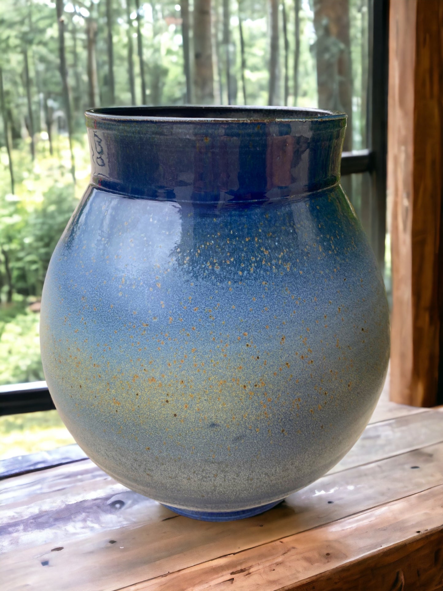 Wheel-Thrown Pottery Art Piece- Multiple Shades of Blue, with Light and Dark Copper Streaks and Speckles, Dimensions:  11.5h"x9.5w"