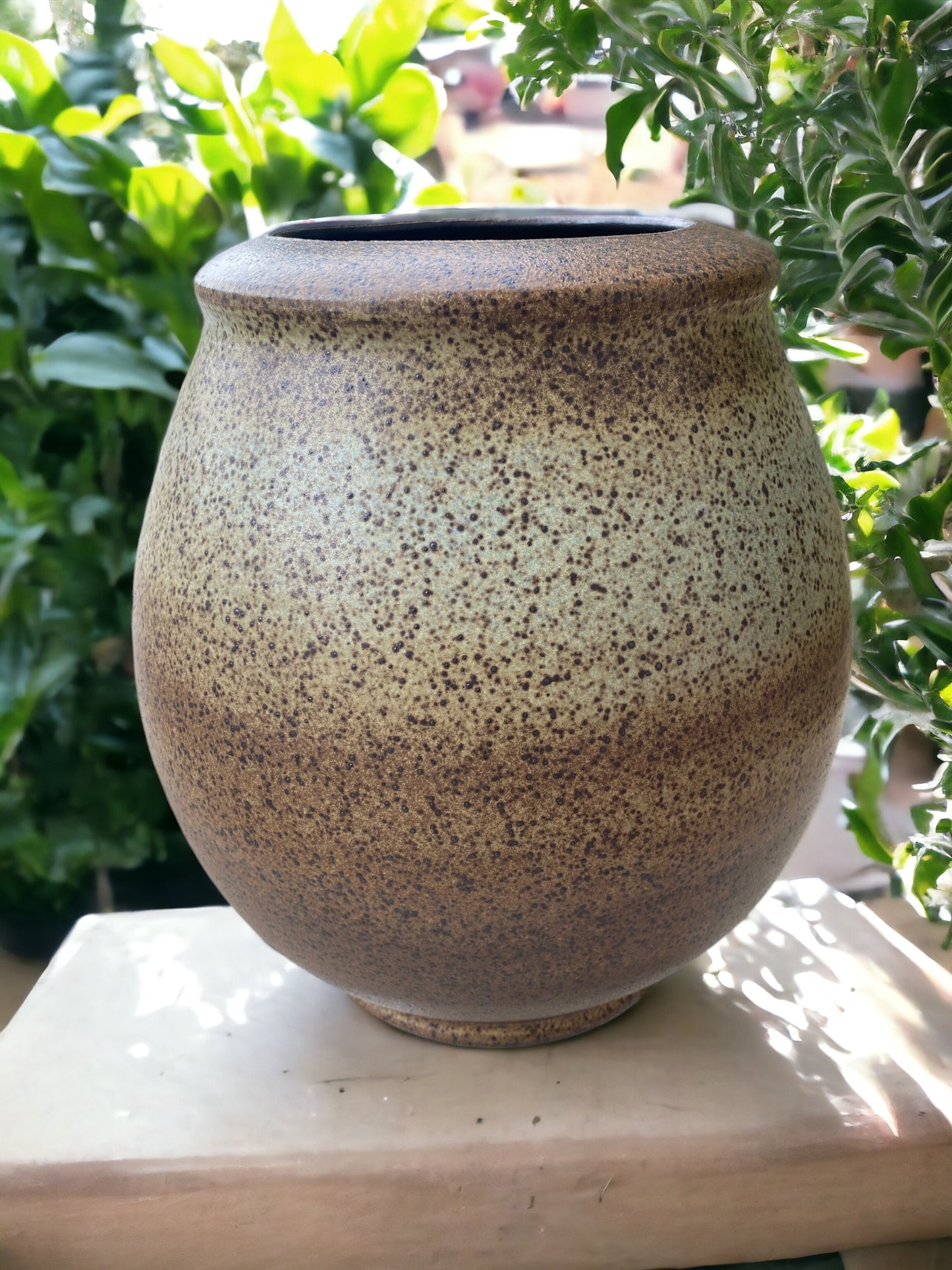 Wheel-Thrown Pottery Art Piece- Multiple Shades of Brown, Cream with a Beautiful Hint of Green, with Dark Streaks and Speckles, Dimensions:  11h"x9.25w"