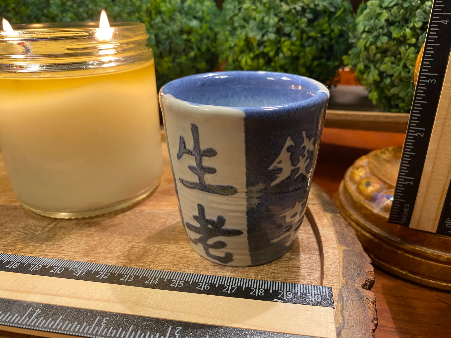 Handcrafted, Wheel-Thrown Container Candle- Small Blue Vessel, White Striped-Asian Writing- Luxury, 4.5ozLong-Burning Soy Wax- Phthalate Free Fragrance