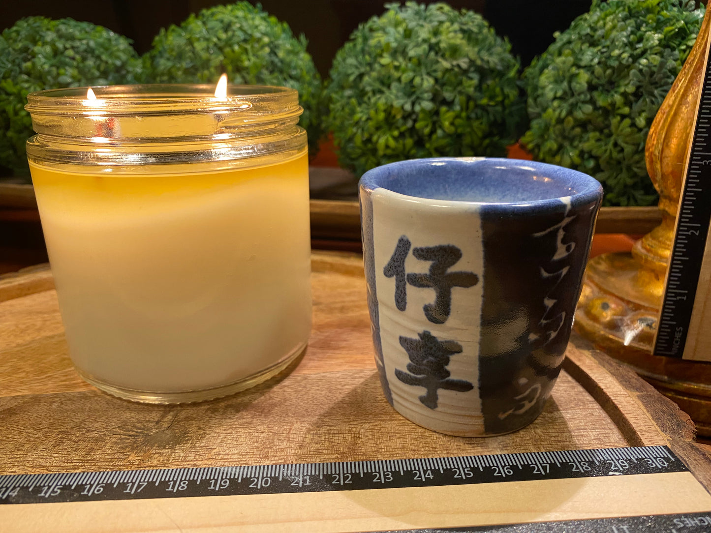 Handcrafted, Wheel-Thrown Container Candle- Small Blue Vessel, White Striped-Asian Writing- Luxury, 4.5ozLong-Burning Soy Wax- Phthalate Free Fragrance