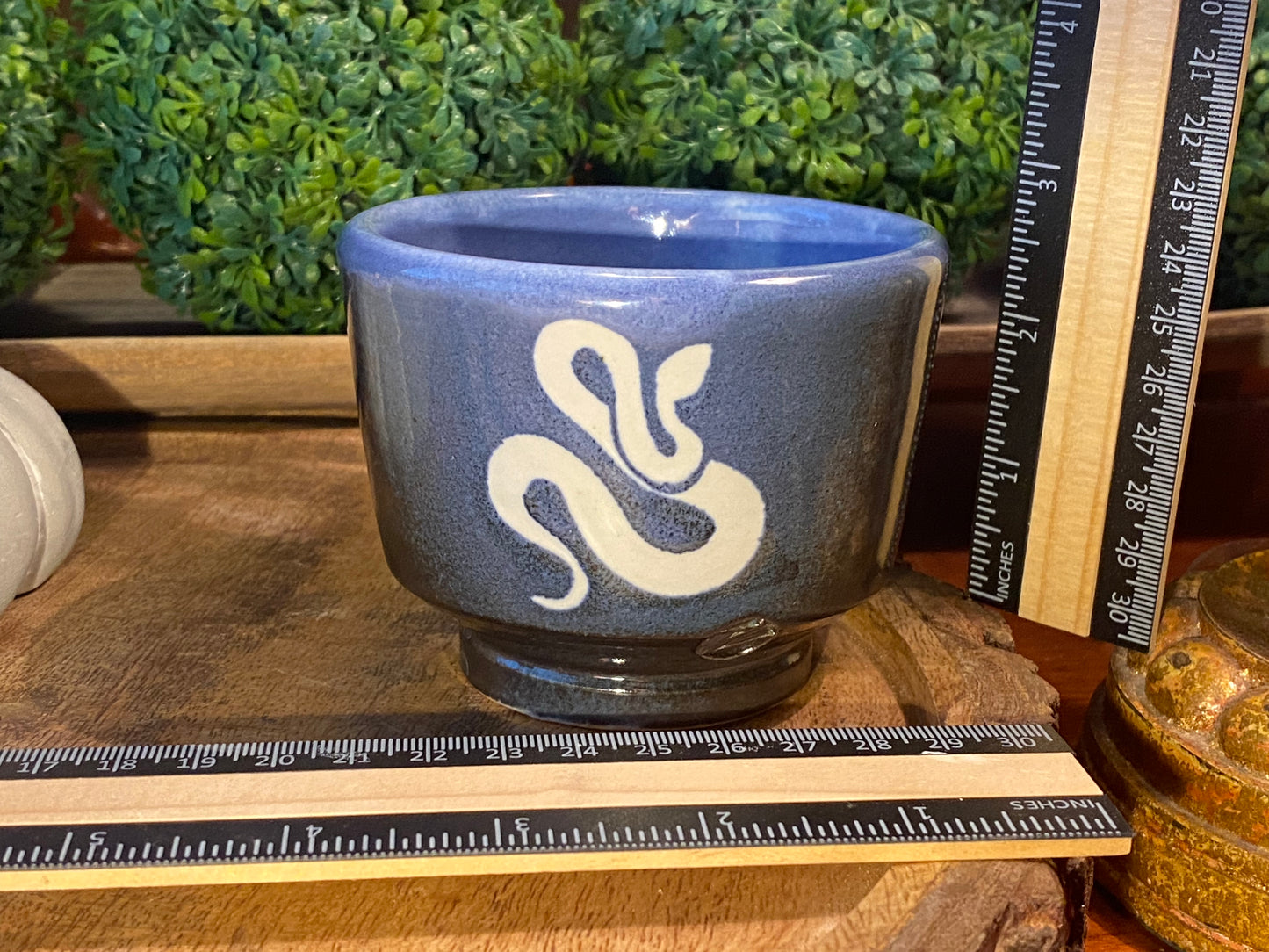 Handcrafted, Wheel-Thrown Container Candle- Small Blue/Black Angled Bottom Vessel with Glazed Snake- 8oz Luxury, Long-Burning Soy Wax- Phthalate Free Fragrance