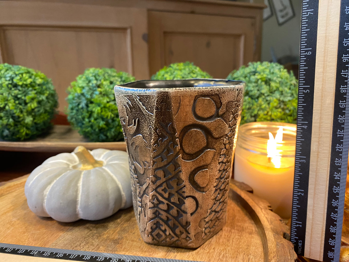 Handcrafted, Wheel-Thrown Container Candle- Large Angled Vessel w Unique Side Designs- 15oz Luxury, Long-Burning Soy Wax- Phthalate Free Fragrance