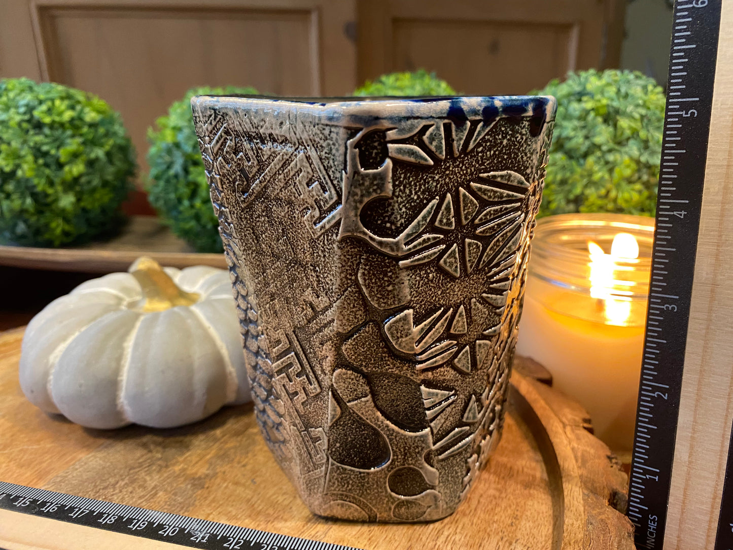 Handcrafted, Wheel-Thrown Container Candle- Large Angled Vessel w Unique Side Designs- 15oz Luxury, Long-Burning Soy Wax- Phthalate Free Fragrance