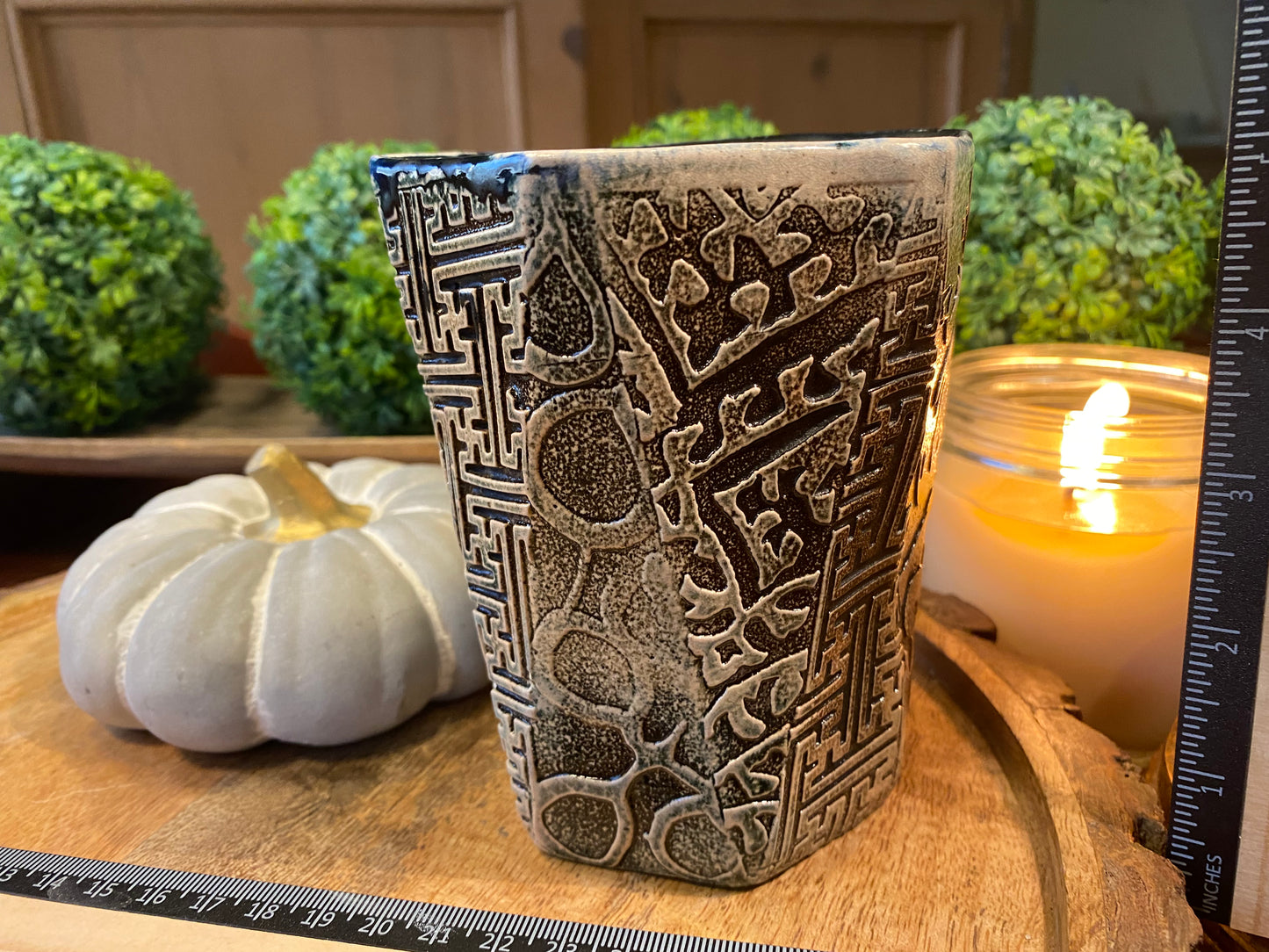 Handcrafted, Wheel-Thrown Container Candle- Large Angled Vessel w Unique Side Designs- 15oz Luxury, Long-Burning Soy Wax- Phthalate Free Fragrance