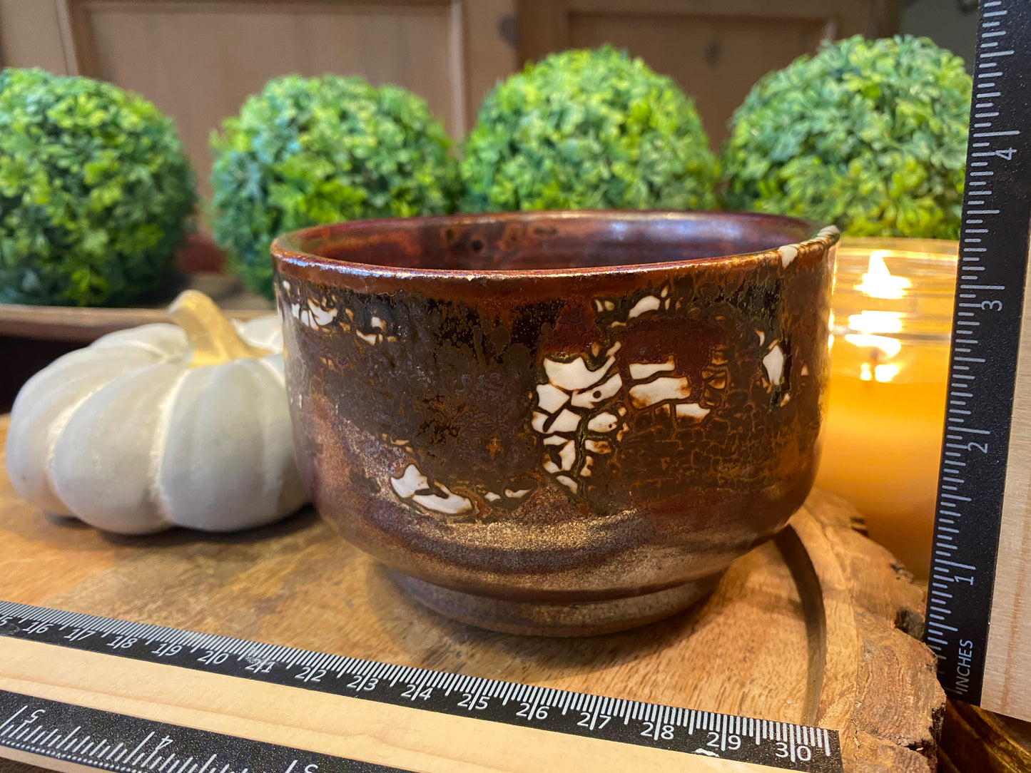 Handcrafted, Wheel-Thrown Container Candle- Medium Brown Vessel w White Glazed Designs- 17oz Luxury, Long-Burning Soy Wax- Phthalate Free Fragrance