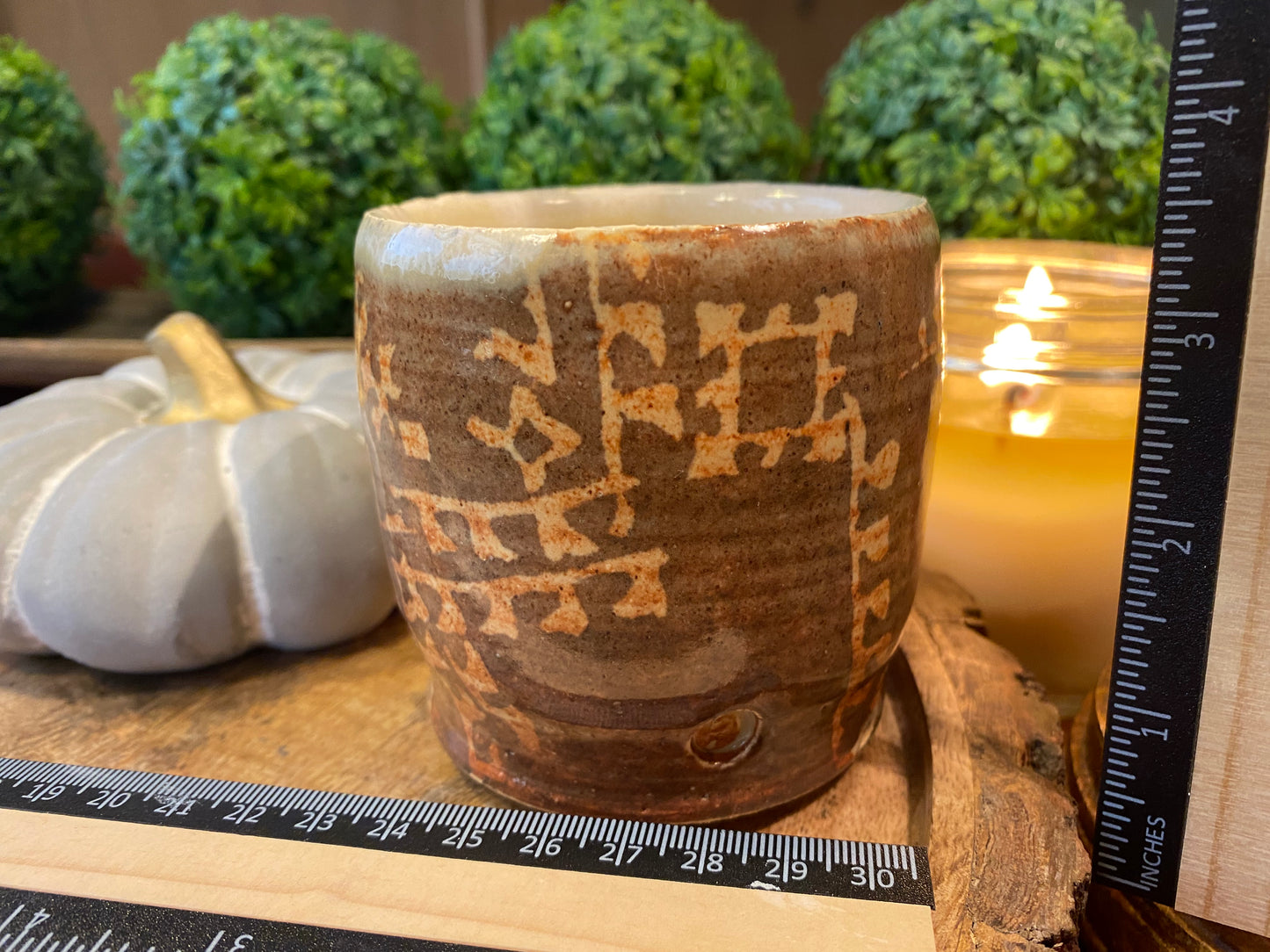 Handcrafted, Wheel-Thrown Container Candle- Small Brown Vessel, Tan Aztec Glazed Designs- 8oz Luxury, Long-Burning Soy Wax- Phthalate Free Fragrance