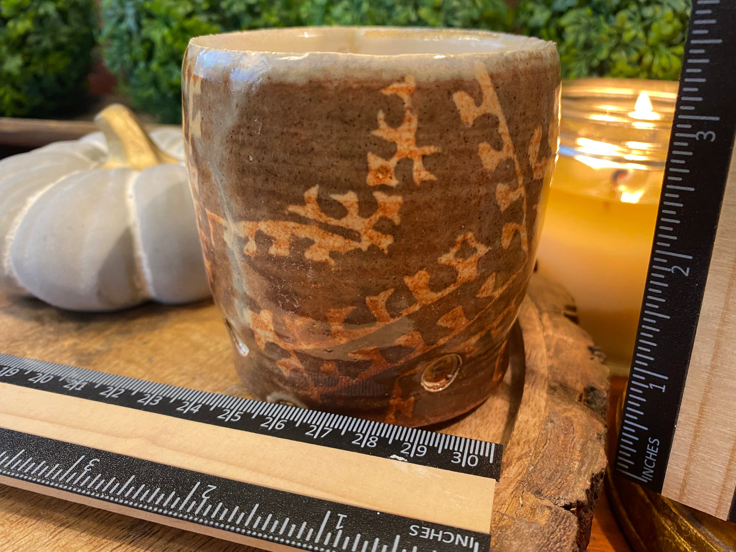 Handcrafted, Wheel-Thrown Container Candle- Small Brown Vessel, Tan Aztec Glazed Designs- 8oz Luxury, Long-Burning Soy Wax- Phthalate Free Fragrance