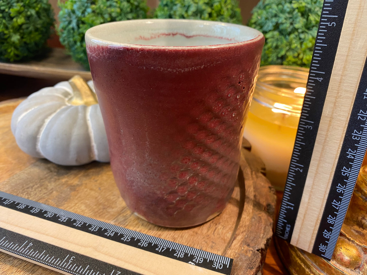 Handcrafted, Wheel-Thrown Container Candle- Medium Red Vessel Textured Designs- 12oz Luxury, Long-Burning Soy Wax- Phthalate Free Fragrance