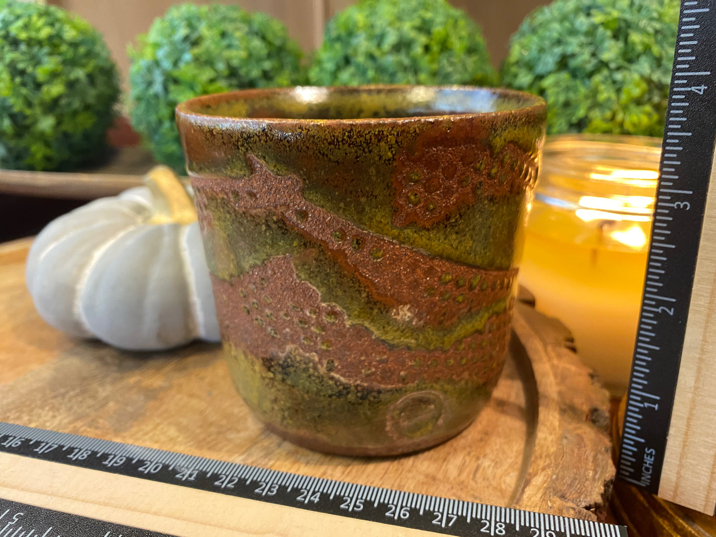 Handcrafted, Wheel-Thrown Container Candle- Medium Vessel Brown/Green Glazed and Textured Terra Cotta- 10oz Luxury, Long-Burning Soy Wax- Phthalate Free Fragrance