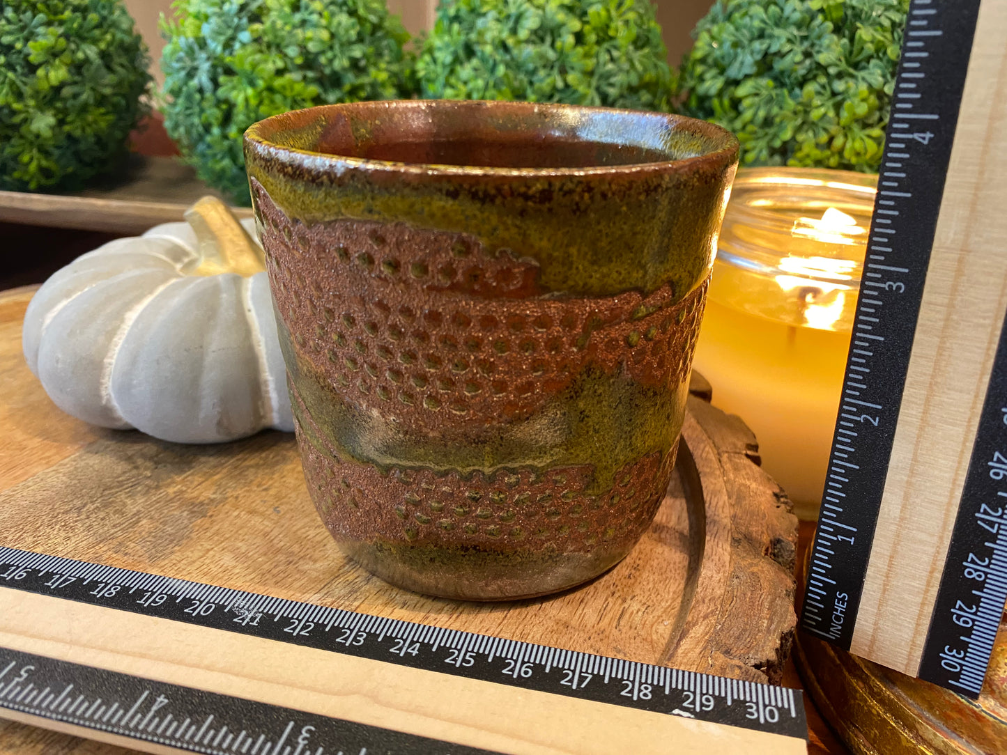 Handcrafted, Wheel-Thrown Container Candle- Medium Vessel Brown/Green Glazed and Textured Terra Cotta- 10oz Luxury, Long-Burning Soy Wax- Phthalate Free Fragrance