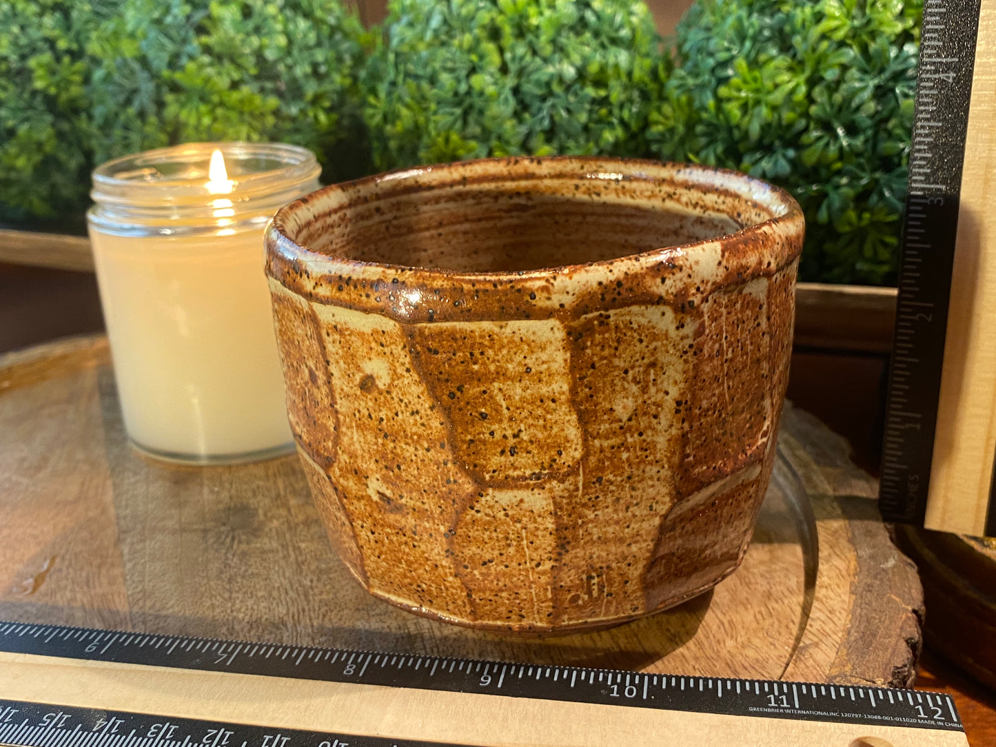 Handcrafted, Wheel-Thrown Container Candle- Large Angled Brown Vessel w Carved Designs- 10oz Luxury, Long-Burning Soy Wax- Phthalate Free Fragrance