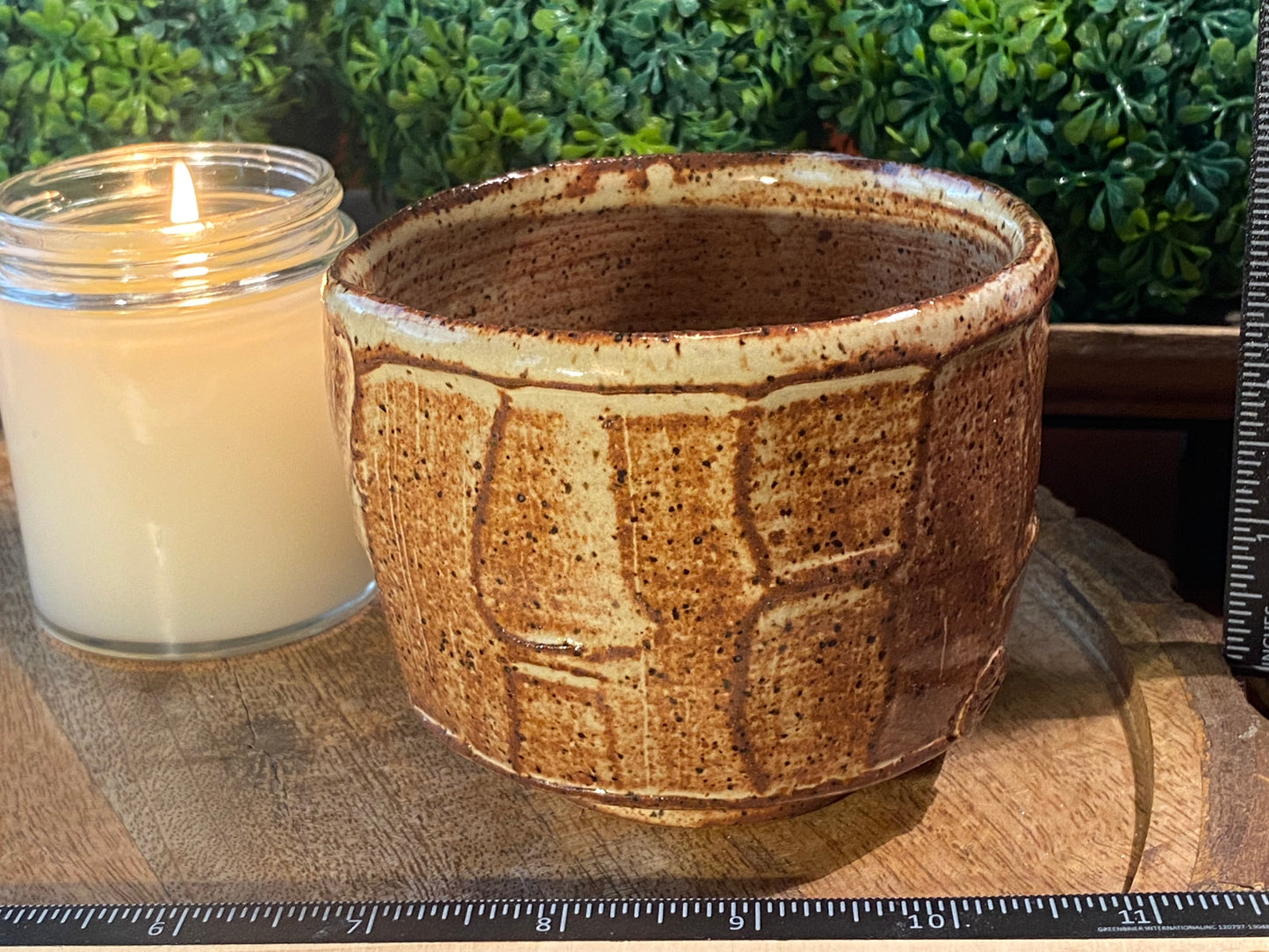 Handcrafted, Wheel-Thrown Container Candle- Large Angled Brown Vessel w Carved Designs- 10oz Luxury, Long-Burning Soy Wax- Phthalate Free Fragrance