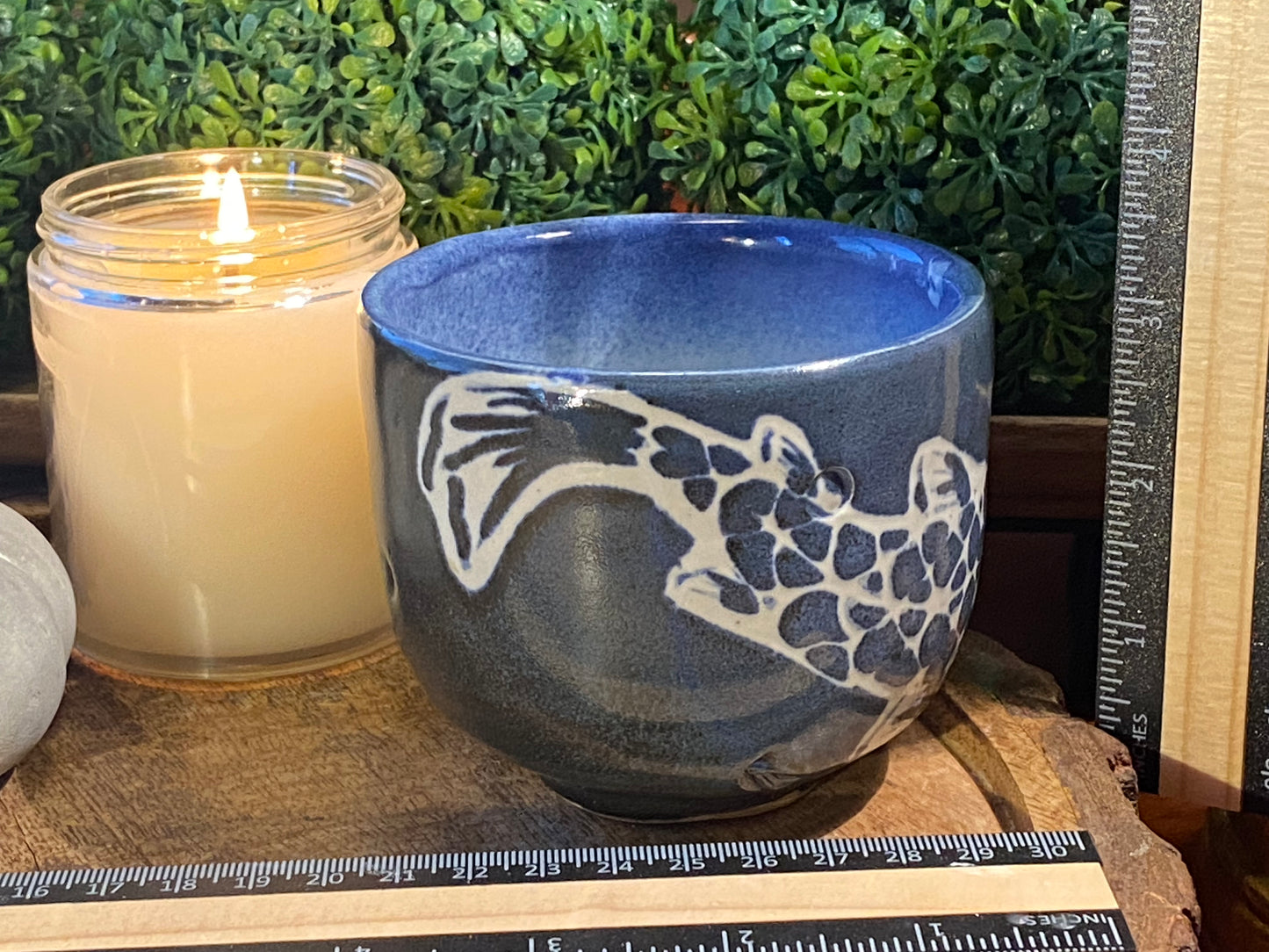 Handcrafted, Wheel-Thrown Container Candle- Medium Blue Coy Vessel- 8.5oz Luxury, Long-Burning Soy Wax- Phthalate Free Fragrance