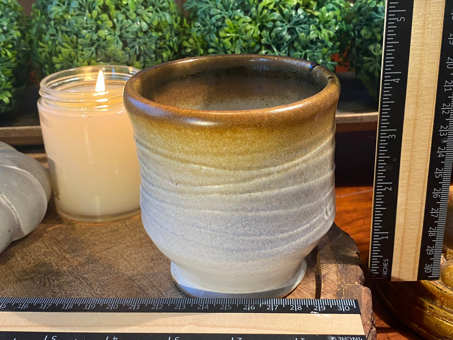 Handcrafted, Wheel-Thrown Container Candle- Medium White Vessel, Waves Texture, Brown Rim- 9oz Luxury, Long-Burning Soy Wax- Phthalate Free Fragrance