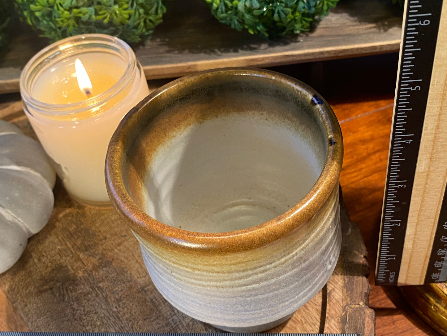 Handcrafted, Wheel-Thrown Container Candle- Medium White Vessel, Waves Texture, Brown Rim- 9oz Luxury, Long-Burning Soy Wax- Phthalate Free Fragrance