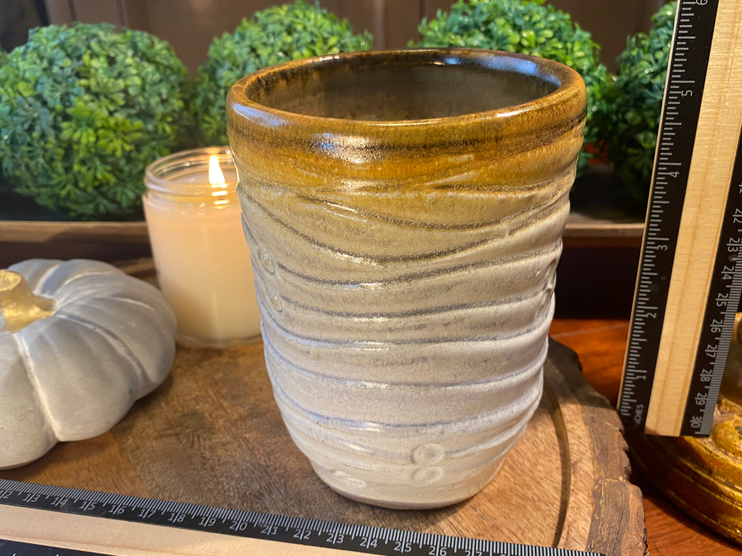 Handcrafted, Wheel-Thrown Container Candle- Large White Vessel, Waves Texture, Brown Rim- 18oz Luxury, Long-Burning Soy Wax- Phthalate Free Fragrance