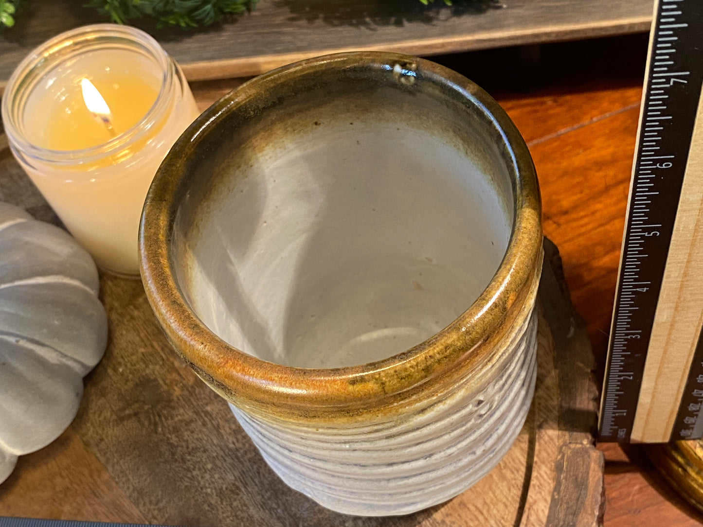 Handcrafted, Wheel-Thrown Container Candle- Large White Vessel, Waves Texture, Brown Rim- 18oz Luxury, Long-Burning Soy Wax- Phthalate Free Fragrance