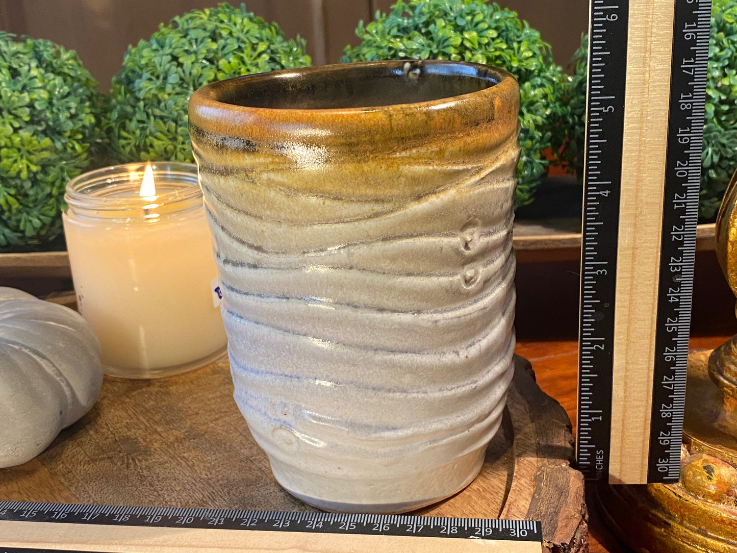 Handcrafted, Wheel-Thrown Container Candle- Large White Vessel, Waves Texture, Brown Rim- 18oz Luxury, Long-Burning Soy Wax- Phthalate Free Fragrance