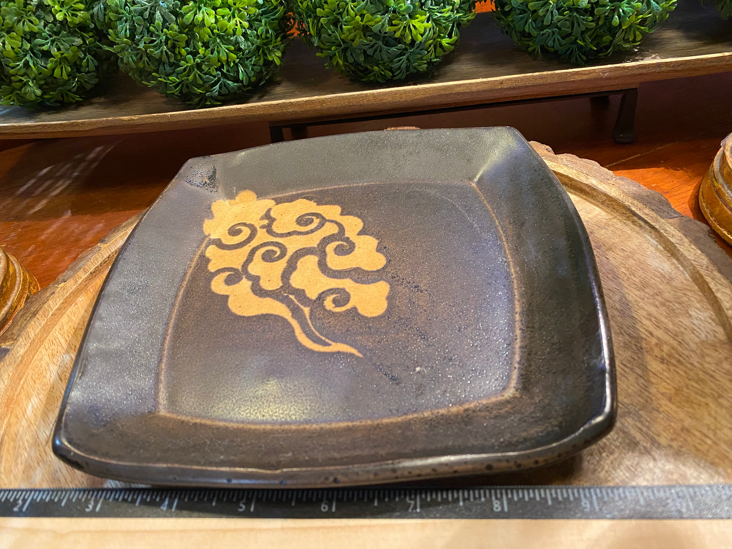 Handcrafted, Unique, Pottery Plate- Medium Square, Brown, Asian Cloud